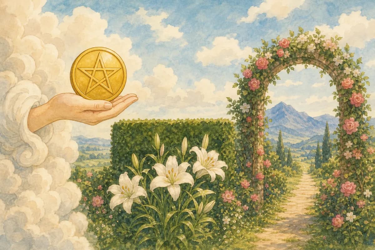 雲から伸びた手が五芒星の刻まれた金貨をのせ、その下に白百合と刈り込まれた生垣の庭が広がり、花のアーチの奥に遠い山々へ続く小道が伸びている。