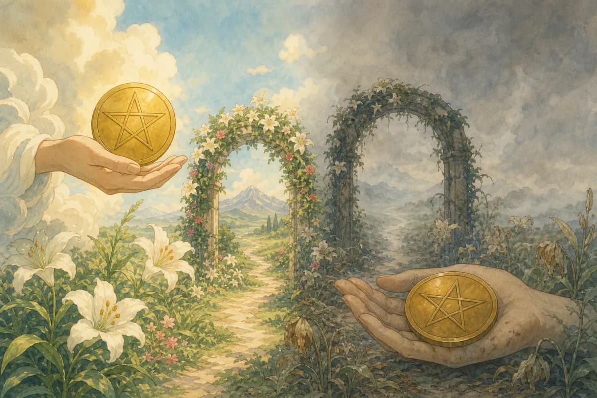 左右で対をなす場面。左は明るい手が星の刻まれた金貨を差し出し、咲き誇る庭と日の差す小道が山へ続く。右は同じ金貨が疲れた手の上で色あせ、しおれた庭と灰色の霧に消える小道が広がる。