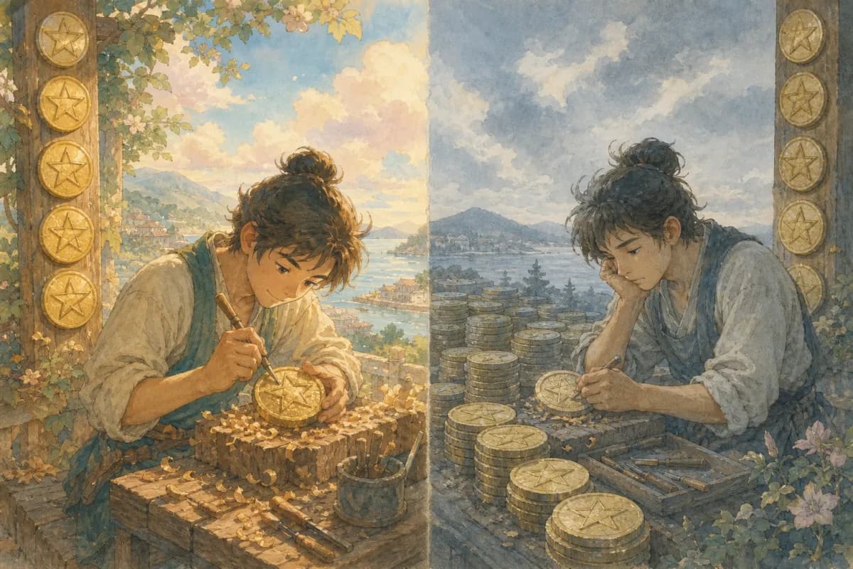 펜타클을 새기는 같은 장인의 두 가지 마음 상태: 왼쪽은 따뜻한 빛 속에서 열중해 일에 몰입하고, 오른쪽은 잿빛 푸른 빛 아래 구부정한 자세와 공허한 눈빛으로 기계적으로 새긴다.