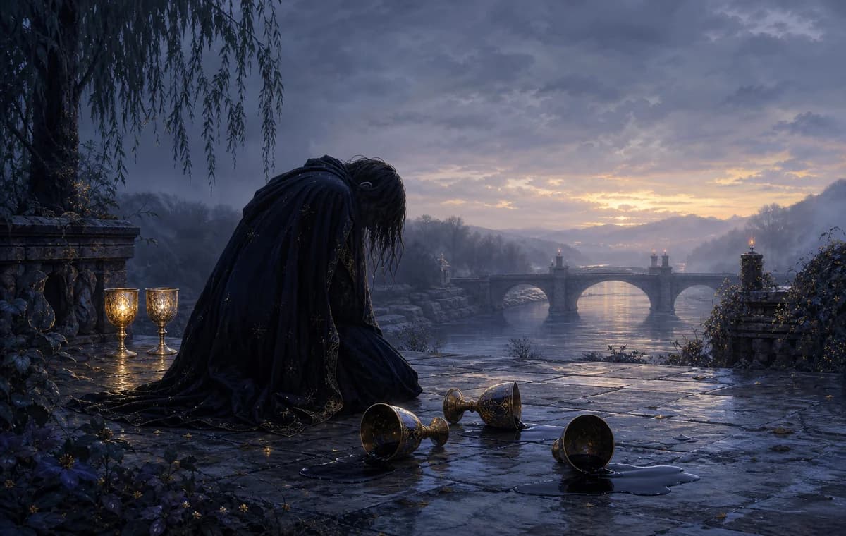 A cloaked figure turns from three spilled cups toward two glowing cups as a dawn path forks toward a bridge.