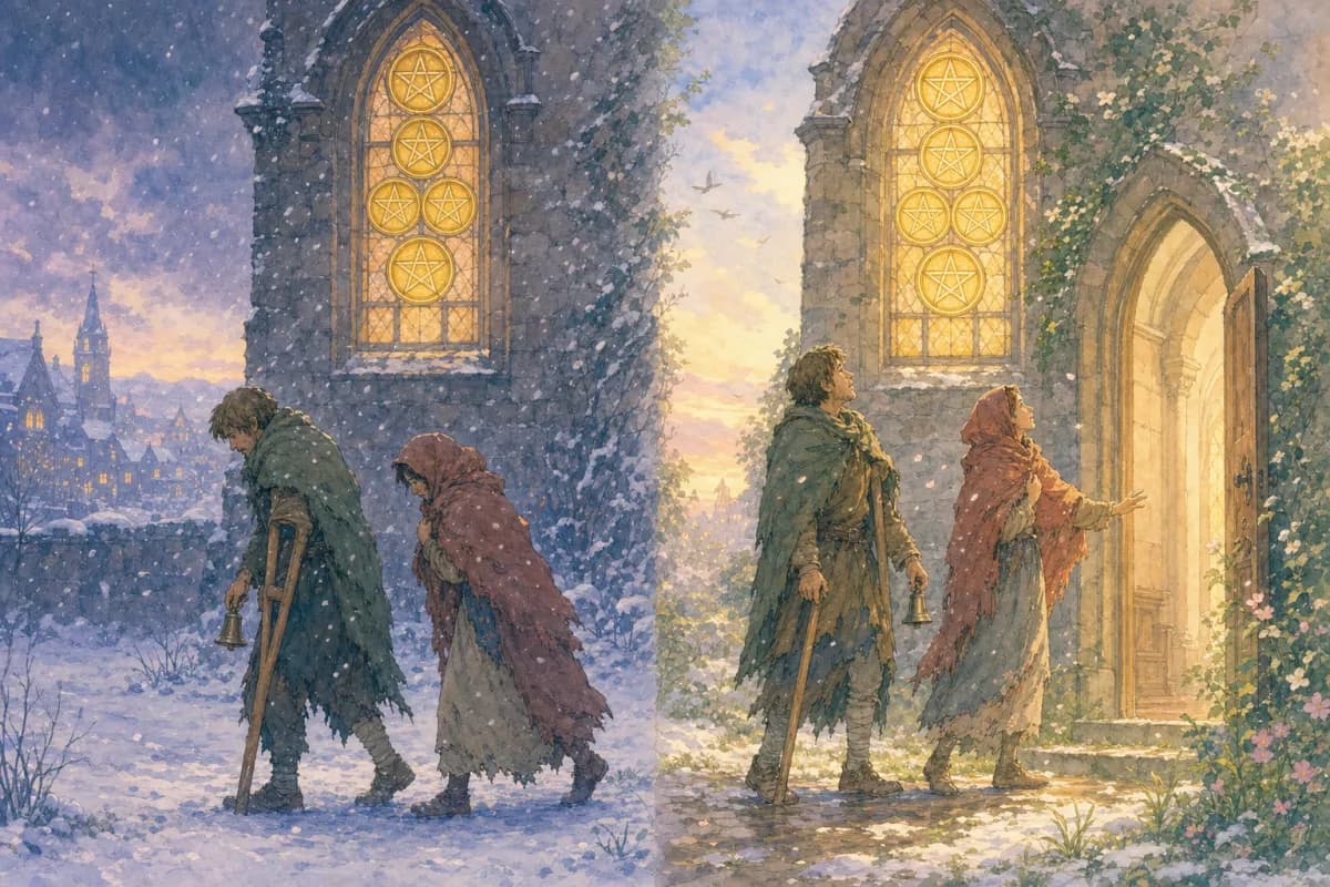 눈 풍경의 두 폭 그림. 왼쪽은 목발을 짚고 종을 단 지친 여행자들이 고개 숙인 채 다섯 동전이 빛나는 교회 창문을 지나고, 오른쪽은 같은 인물들이 새벽에 눈이 잦아들며 따뜻한 빛을 향해 고개를 드는 수채화.