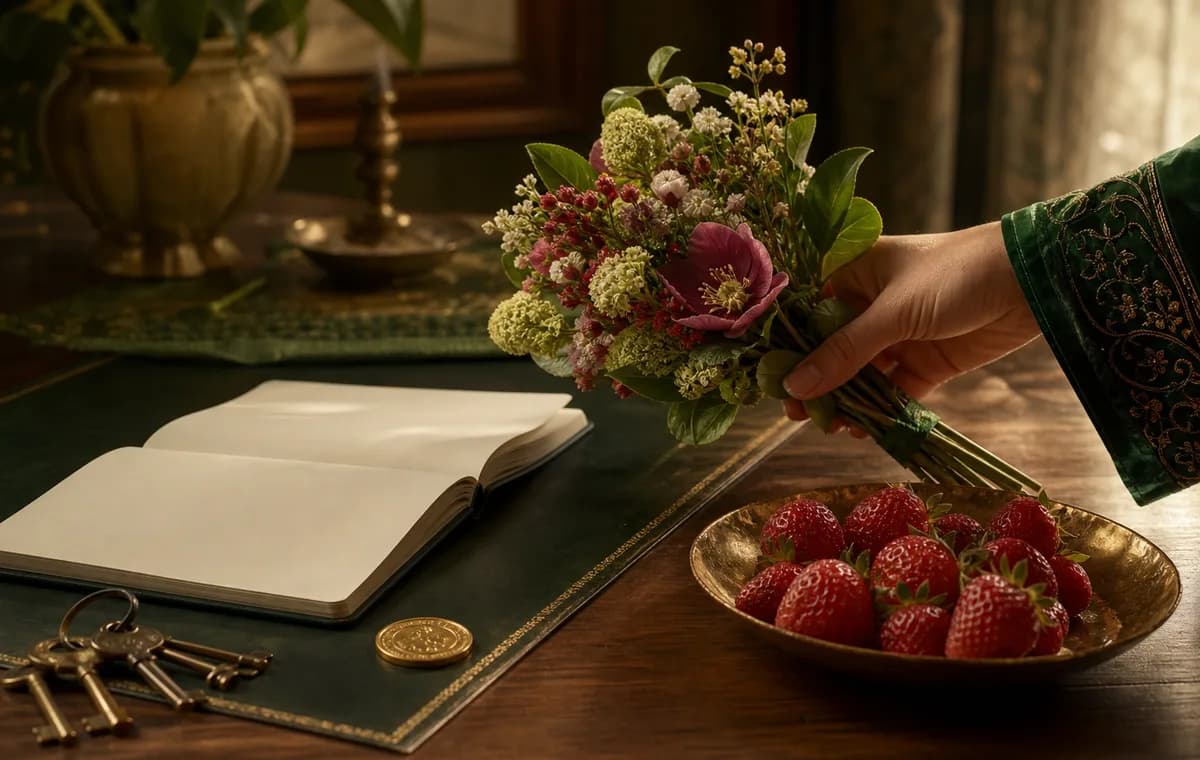 A green-sleeved hand offers flowers and strawberries beside a blank notebook, keys, and a gold coin.