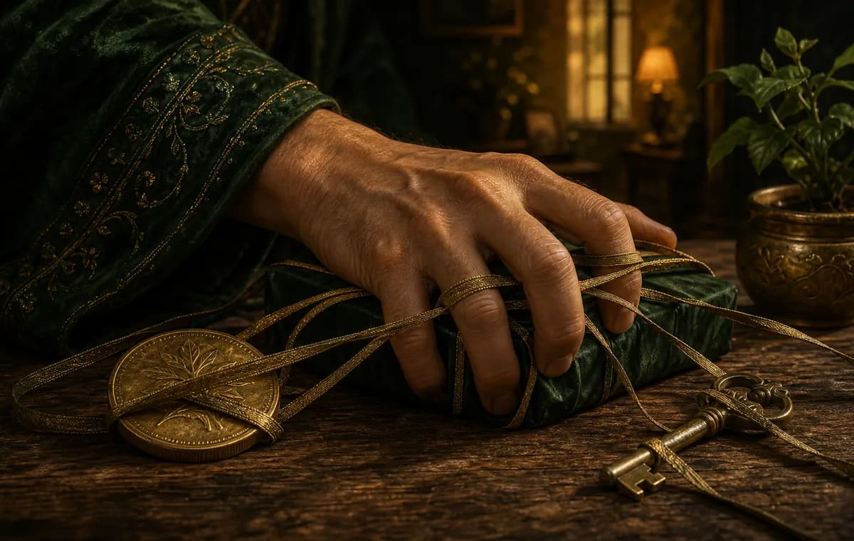 A protective hand grips a wrapped gift, keys, and coins too tightly while gold cords bind the objects.