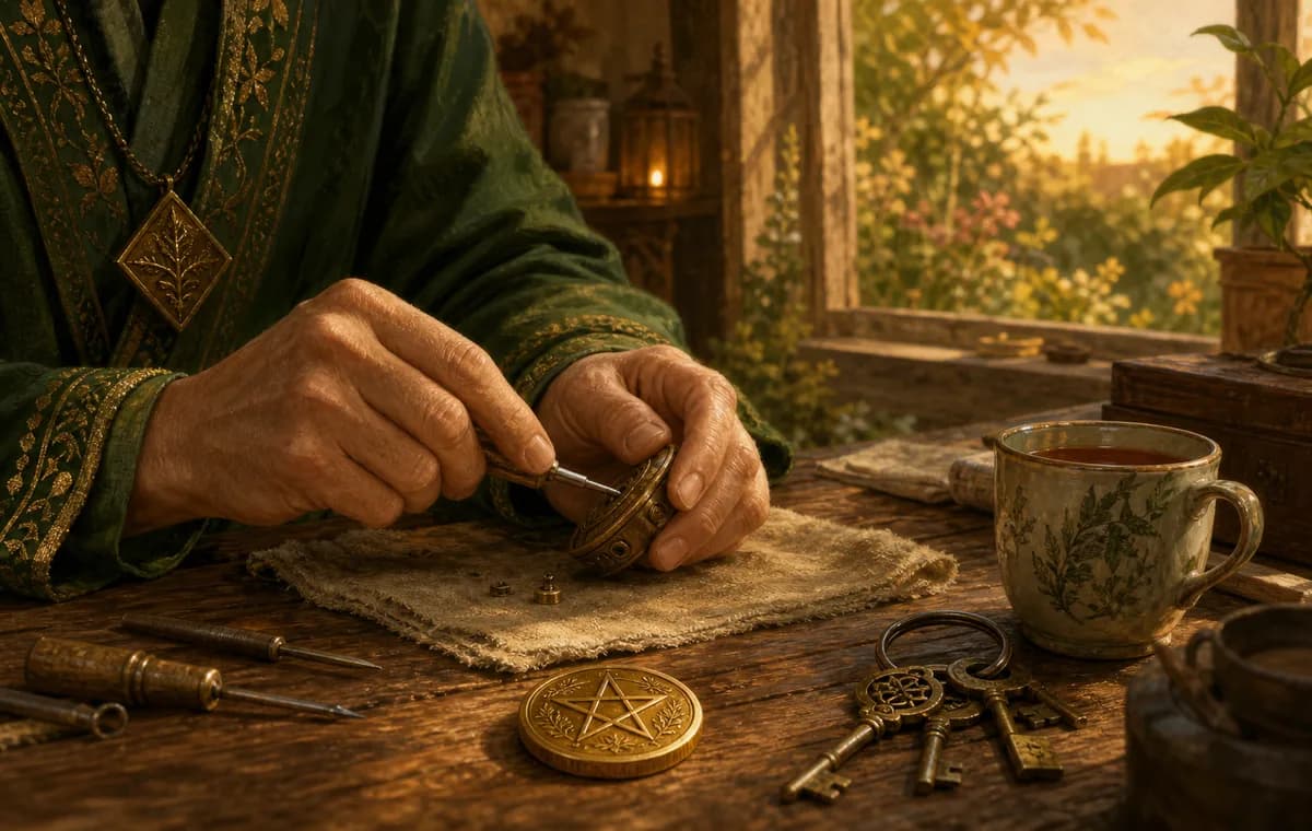 Green-robed hands repair a small object on a wooden table with keys, tea, and a gold pentacle nearby.