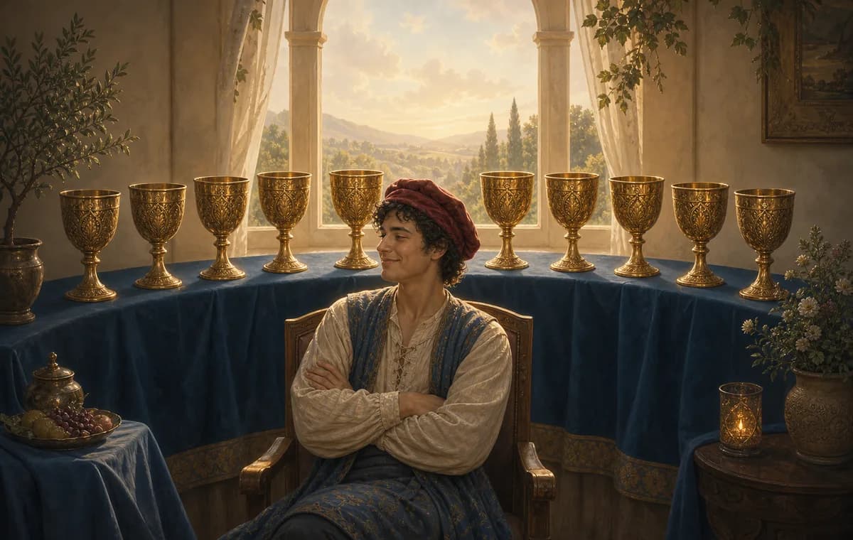 Nine of Cups tarot symbols showing nine displayed cups, a blue-draped shelf, and a satisfied seated figure.