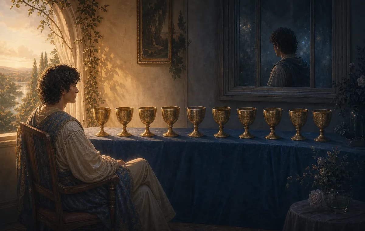 Nine of Cups upright and reversed meanings shown as a visual comparison.