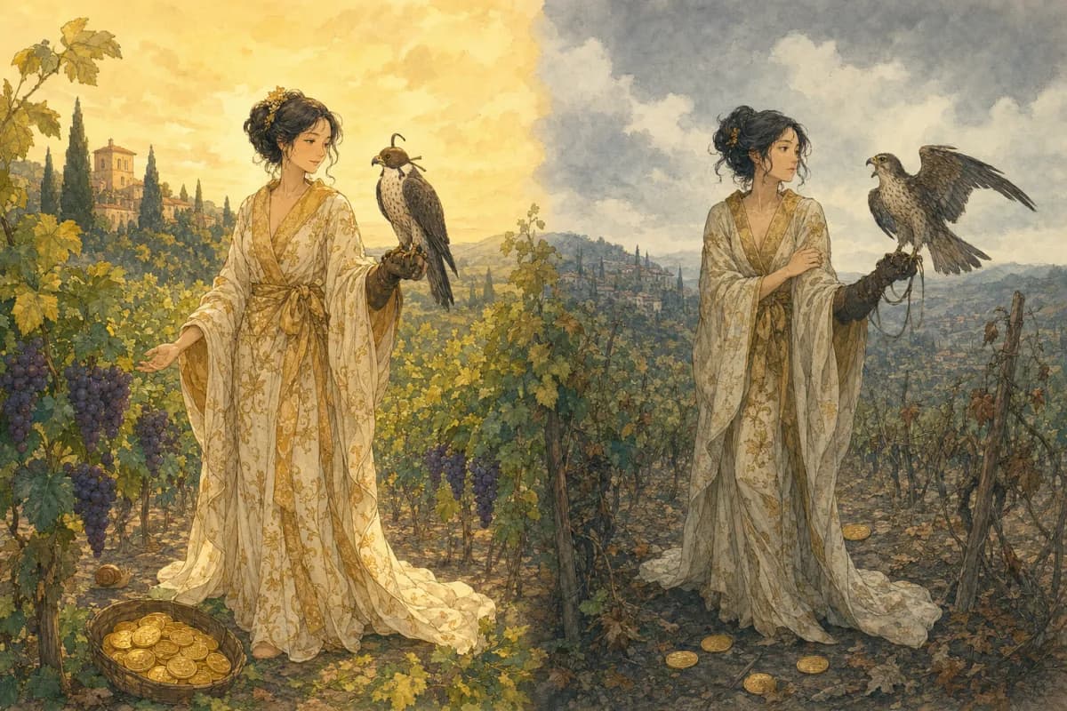 同じぶどう園の女性を二つの気分で描いた場面。左は金色の光の中で穏やかにぶどうに手を添え、目隠しの鷹も静か。右は灰色の曇り空の下、鷹の目隠しが外れて落ち着かず、ペンタクルが地に落ち、女性は緊張して顔をそむけている。