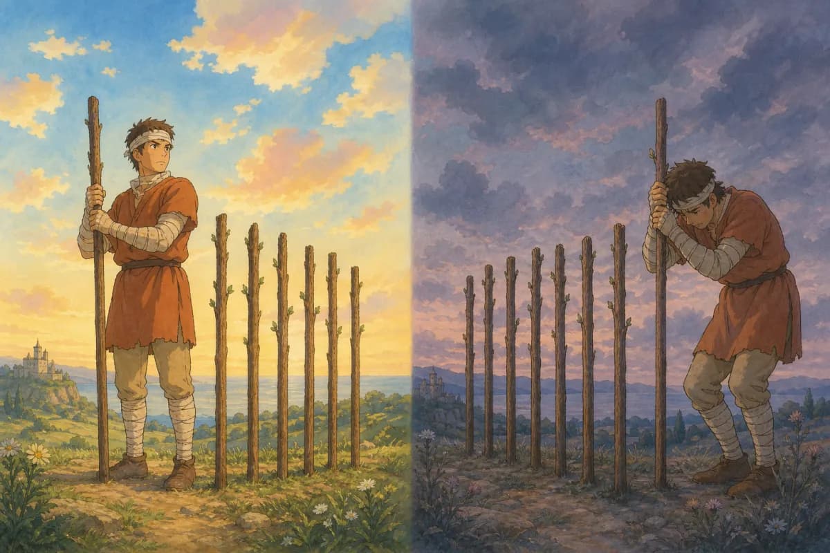 同じ包帯姿の人物を描いた二つの気分の場面。左では暖かな夜明けの光の中で杖を握り凛と立ち、右では同じ人物が冷たい夕暮れの光の中で疲れ果てて背を丸め、杖を握りしめすぎている。