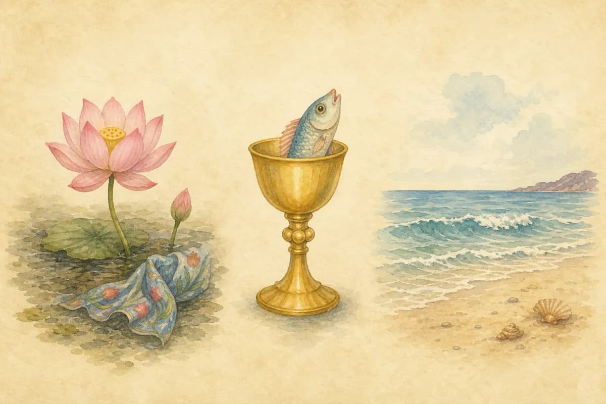 カップのペイジの主要な象徴を描いた水彩——杯から身を乗り出す魚、ピンクの蓮の花、凪いだ海と浜辺