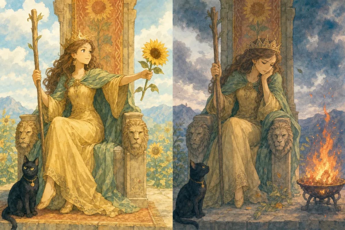 ワンドのクイーンの二つの気分を描いた場面。左では暖かな陽光のなか、ライオンの玉座に背筋を伸ばして穏やかに座り、ひまわりを前に差し出し、静かな黒猫が寄り添う。右では同じクイーンが冷たく淡い光の中で内に閉じこもり、自信を失ってうつむき、ひまわりもうなだれている。
