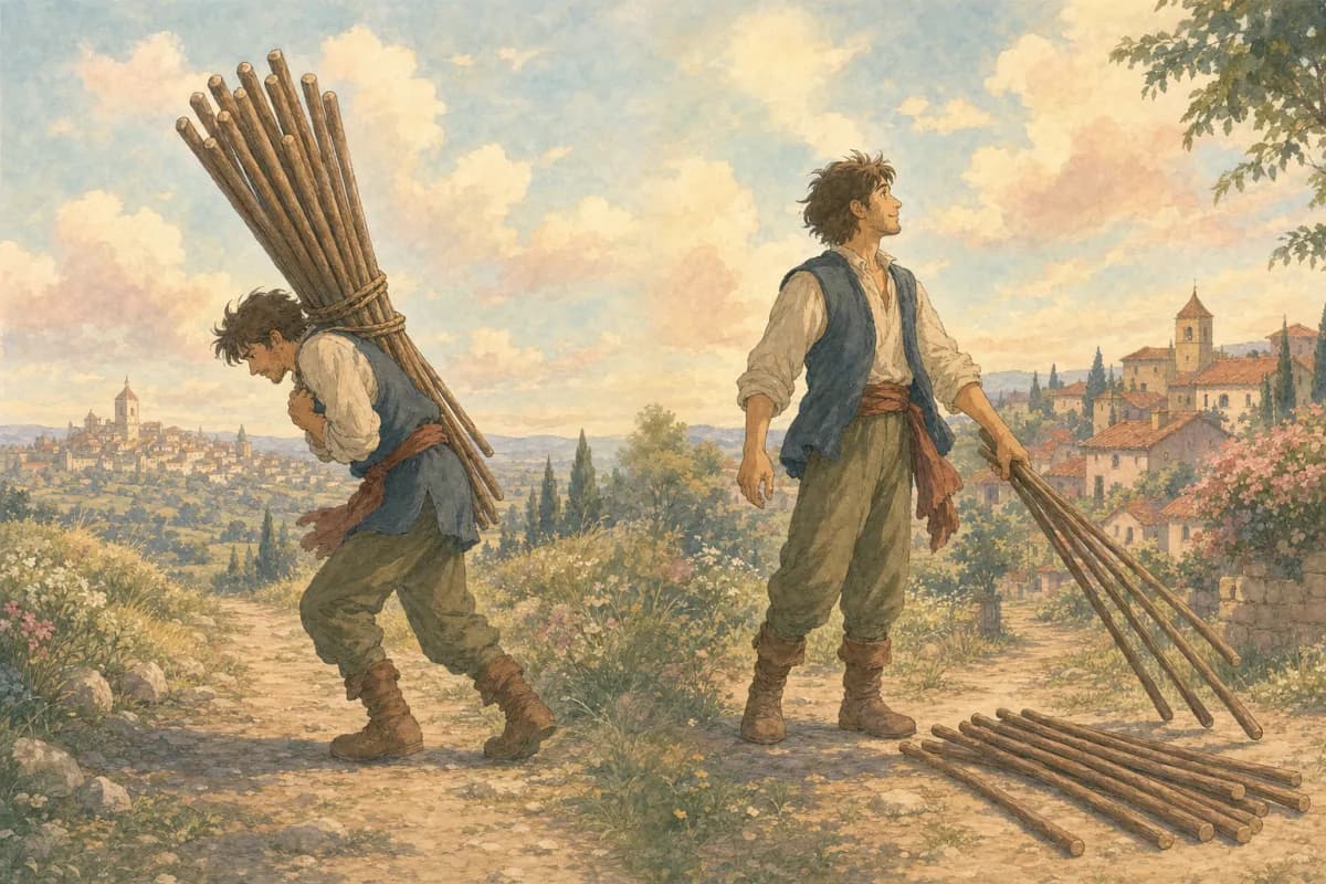 同じ旅人の二つの心境の対比——左側では十本すべての杖を抱えて前かがみに遠くの町へと踏ん張り、右側では背を伸ばして数本の杖を下ろし、今は見える屋根へと顔を上げている。