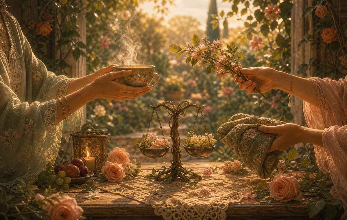 豊かな庭の部屋で、花の枝と温かいカップを交換する二つの象徴的な手。