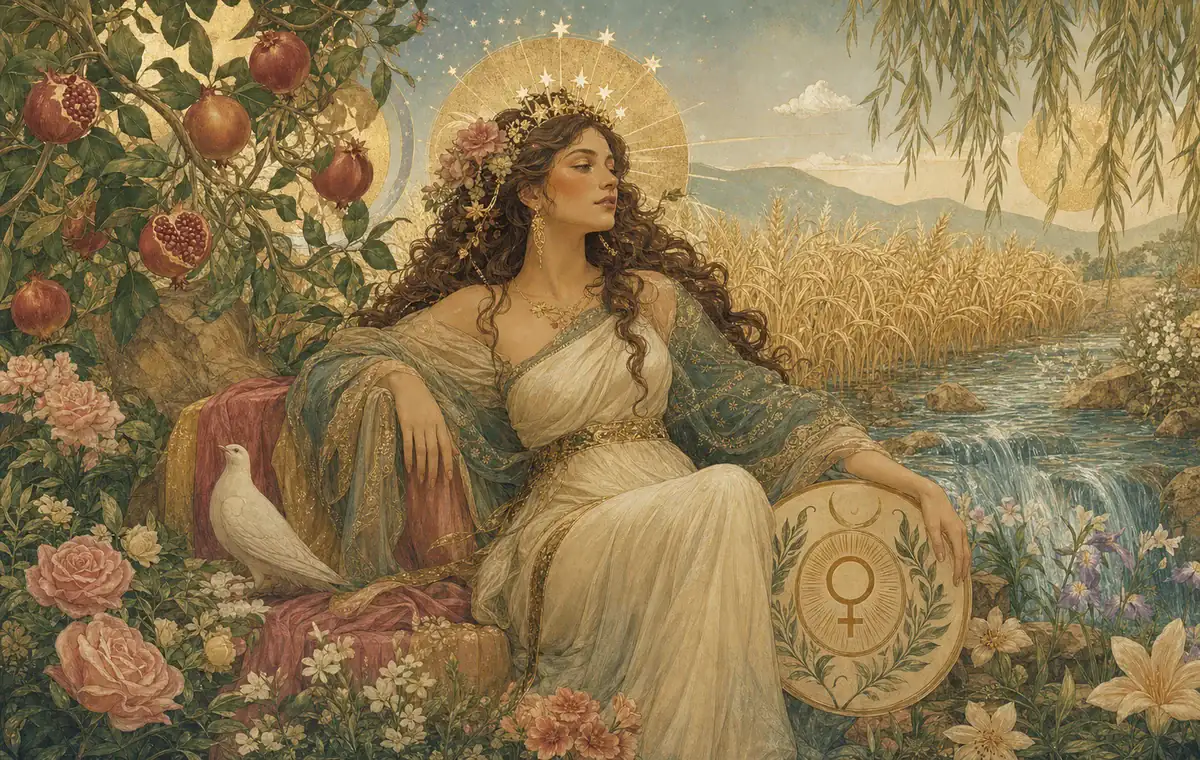 The Empress reclining on cushions with a twelve-star crown, Venus heart shield, ripe wheat field, and a flowing stream behind her.