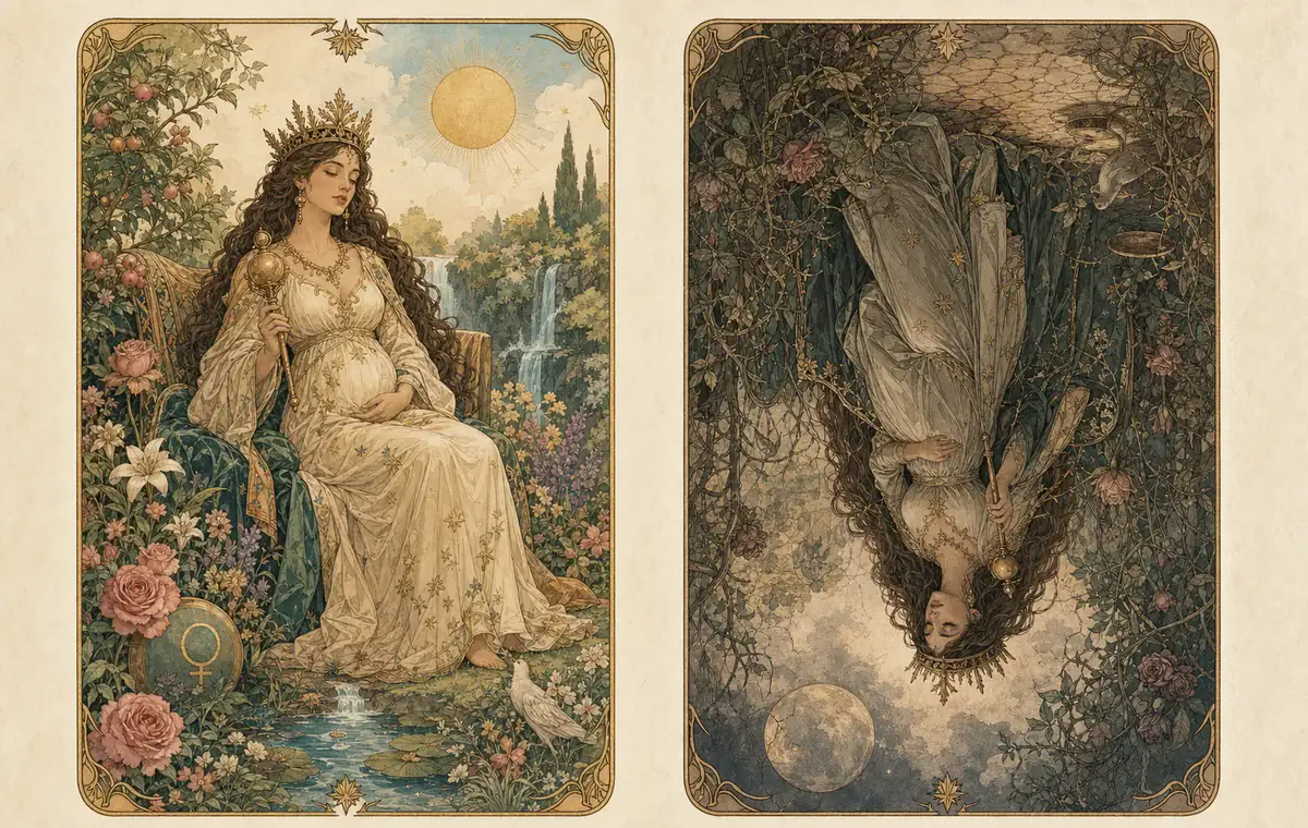 The Empress upright and reversed, contrasting generous abundance with smothering, depletion, or creative block.