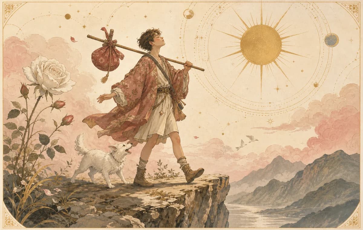 The Fool tarot card symbols including a cliff, white dog, sun, rose, and travel bundle.