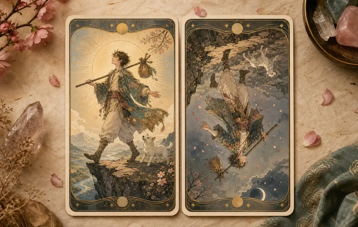 The Fool tarot card shown as an upright and reversed energy comparison.