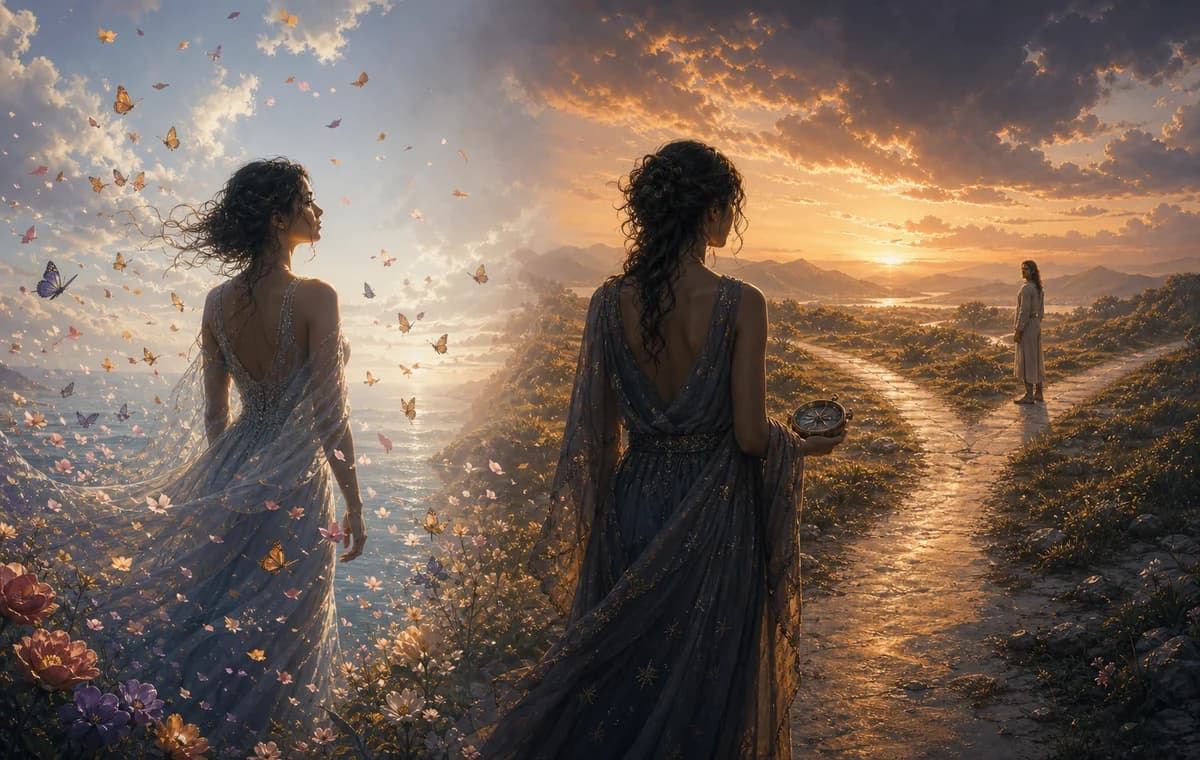 Two figures at a luminous garden crossroads, choosing a steady golden path instead of fleeting sparks.