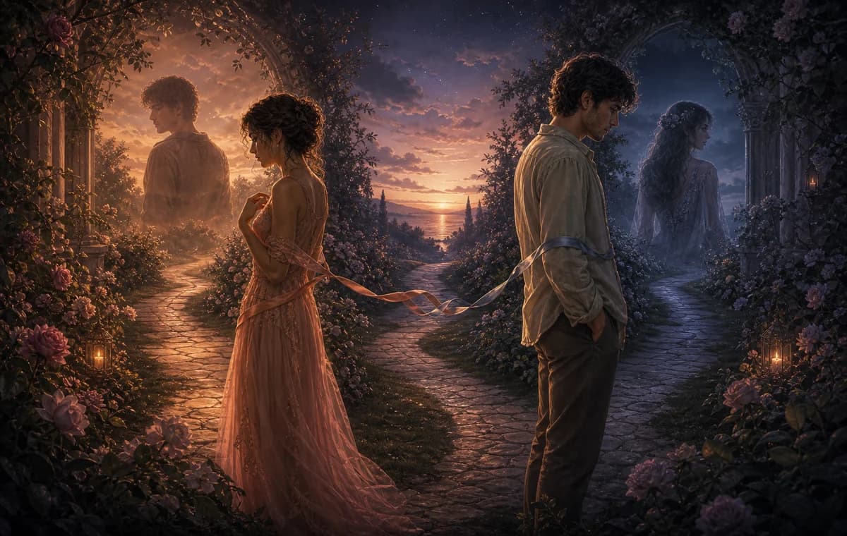 Two figures turned slightly apart in a dusk garden where two romantic paths no longer align.