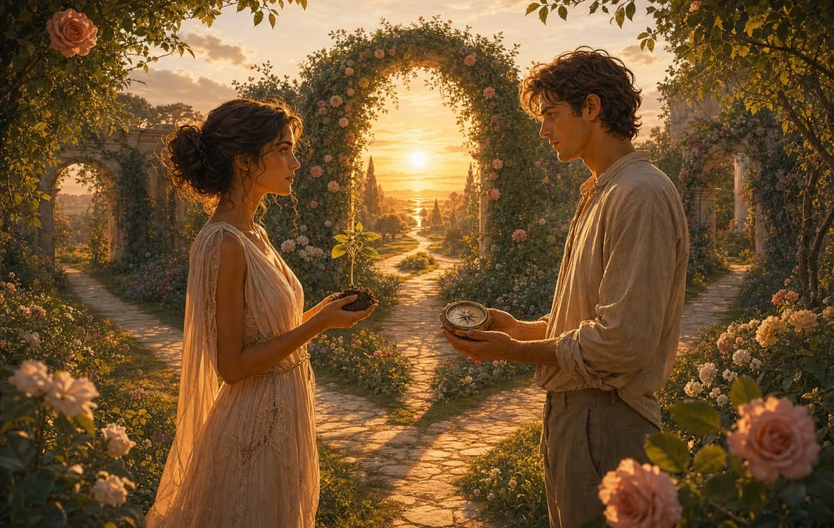 Two figures facing each other in a luminous garden with balanced cups and an open golden path.