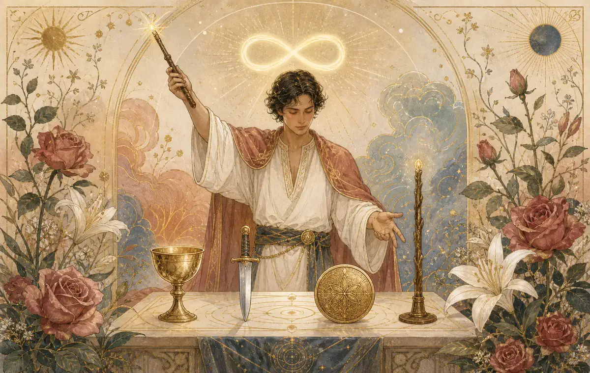 The Magician tarot card with a lemniscate above his head and a wand, cup, sword, and pentacle on the table.