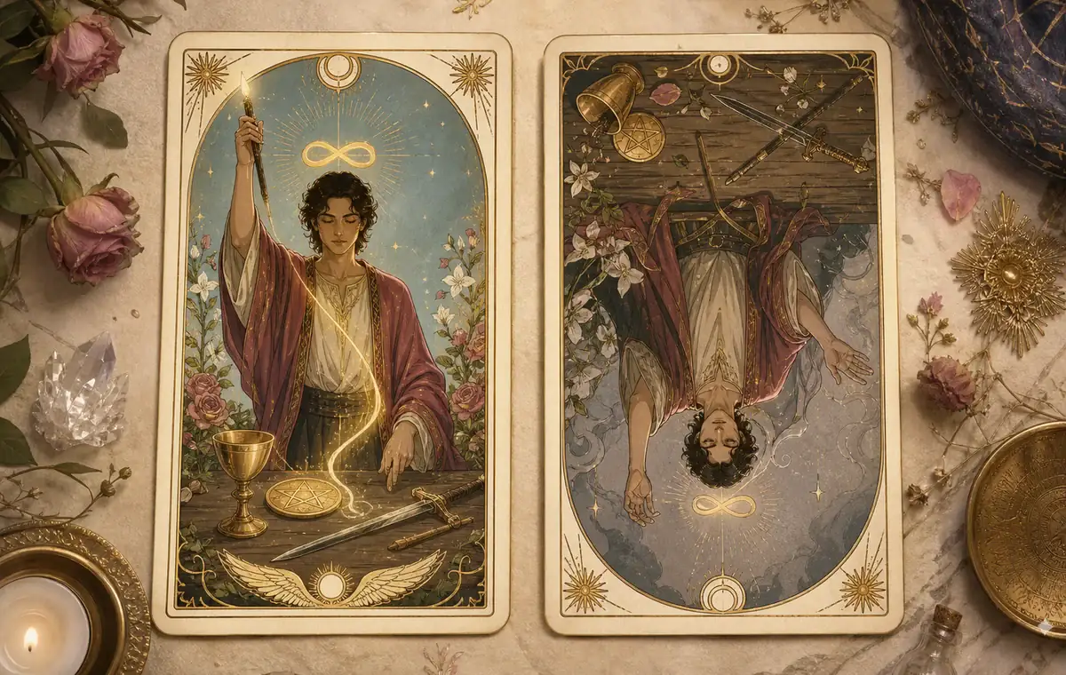 The Magician shown upright and reversed to compare focused will with scattered or manipulative use of skill.