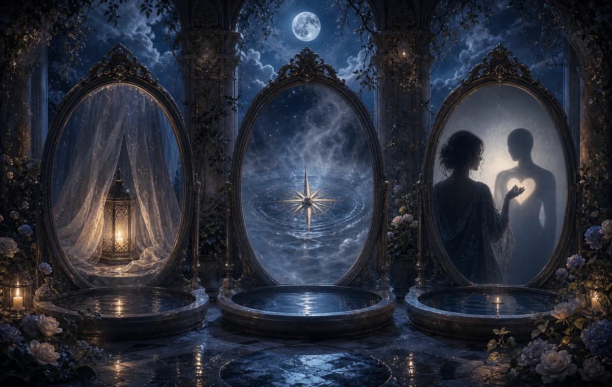 A moonlit lake reflecting a veiled heart, a foggy compass, and a mirror-like silhouette.