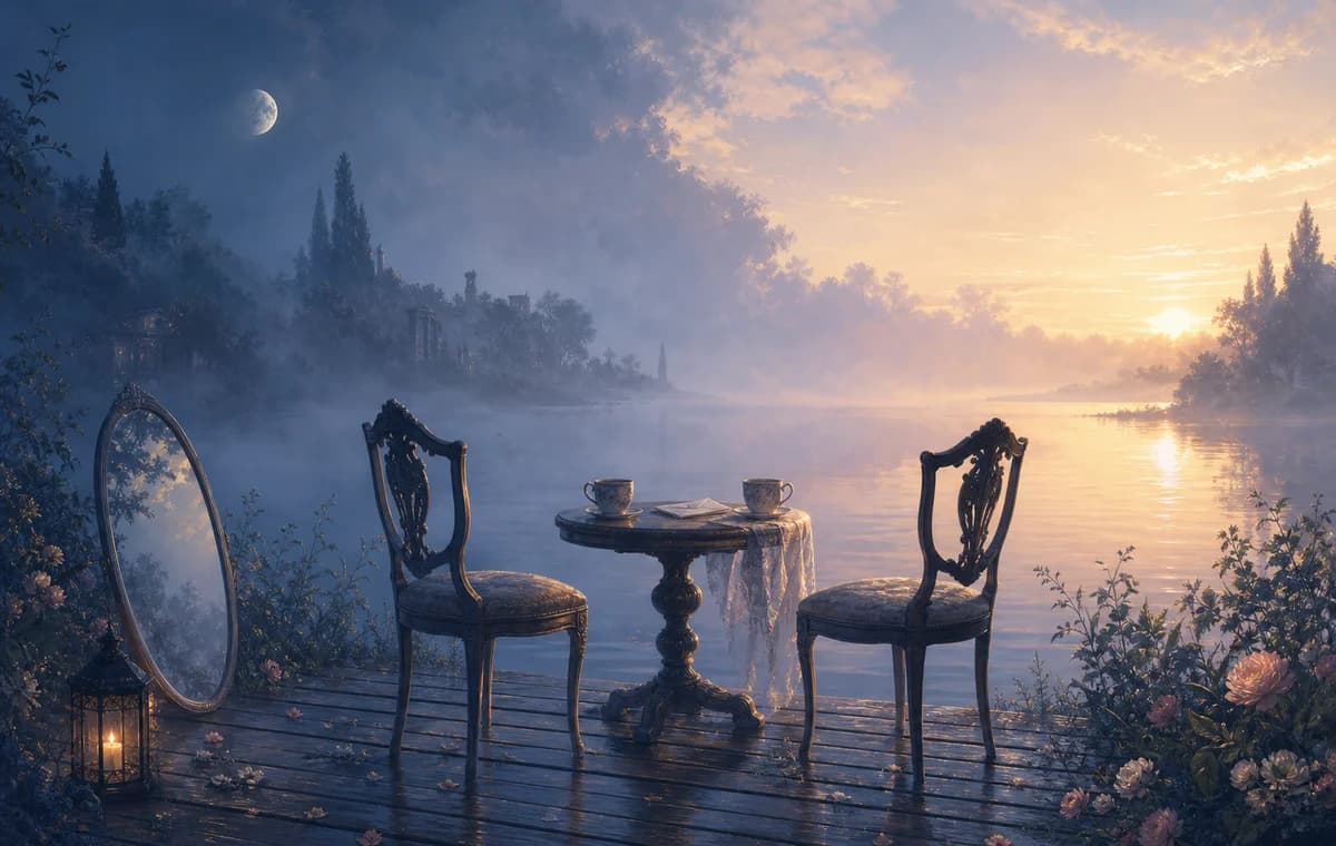 A dawn lake where fog is lifting and a mirror on the shore is beginning to clear.