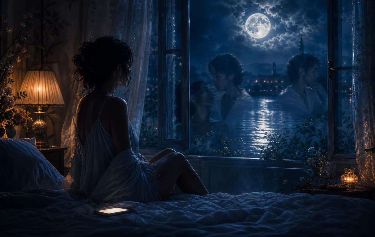 A moonlit shoreline with fog, blurred reflections, and a small lantern near the water.