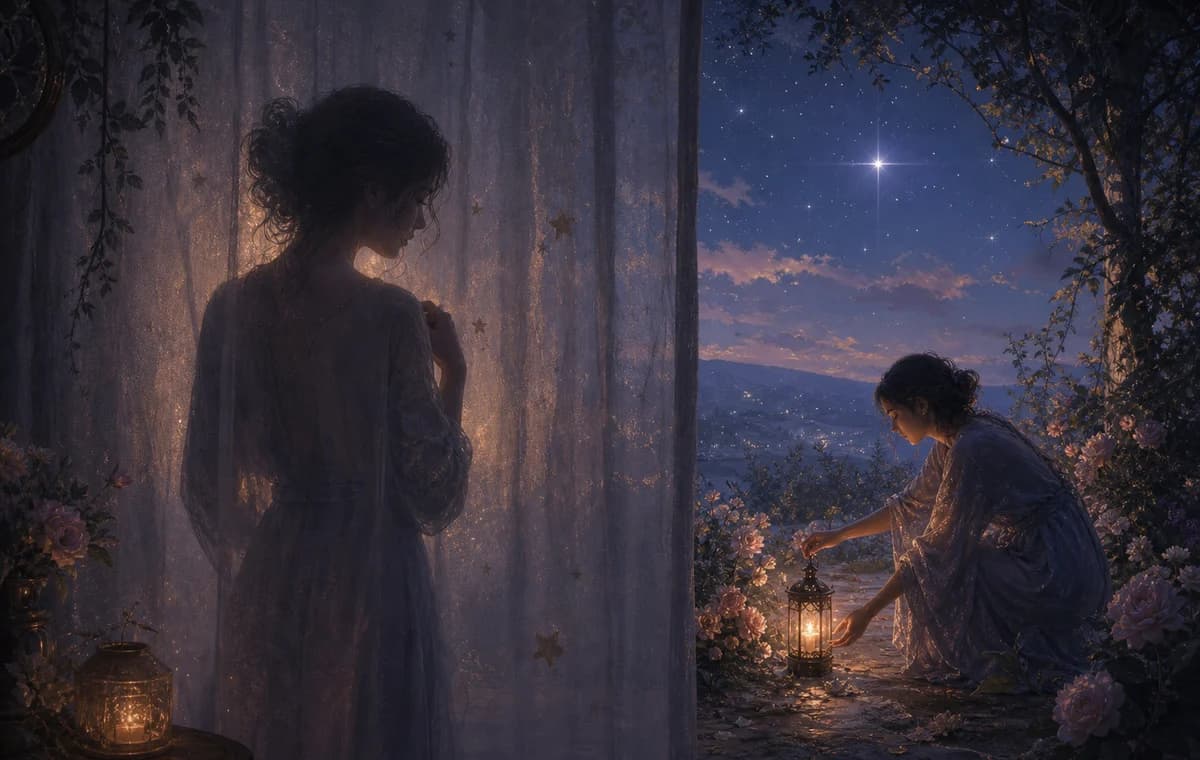 薄雲に少し隠れた星と、岸辺で再び灯される小さなランタンがある夕暮れの池。