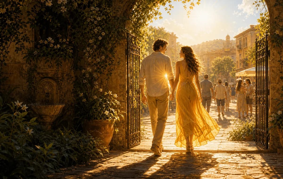 Two silhouettes standing in a sunlit courtyard with an open gate and a visible golden heart glow.