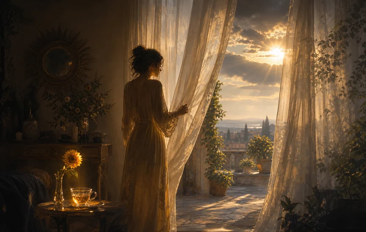 Two silhouettes near an open gate in a warm courtyard where the sun is partly behind a cloud.
