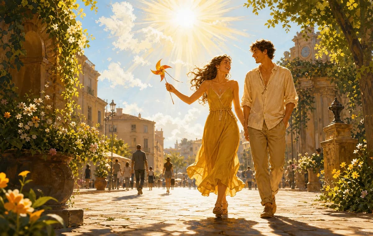 Two silhouettes walking openly through a bright sunflower courtyard under clear noon light.