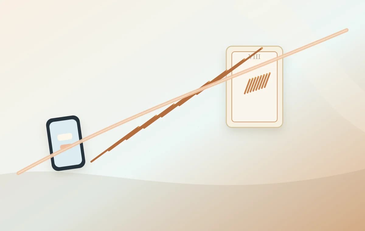 朝の光の中、スマートフォン、斜めに走るワンド、流れるリボンを配したワンドの8の静物。