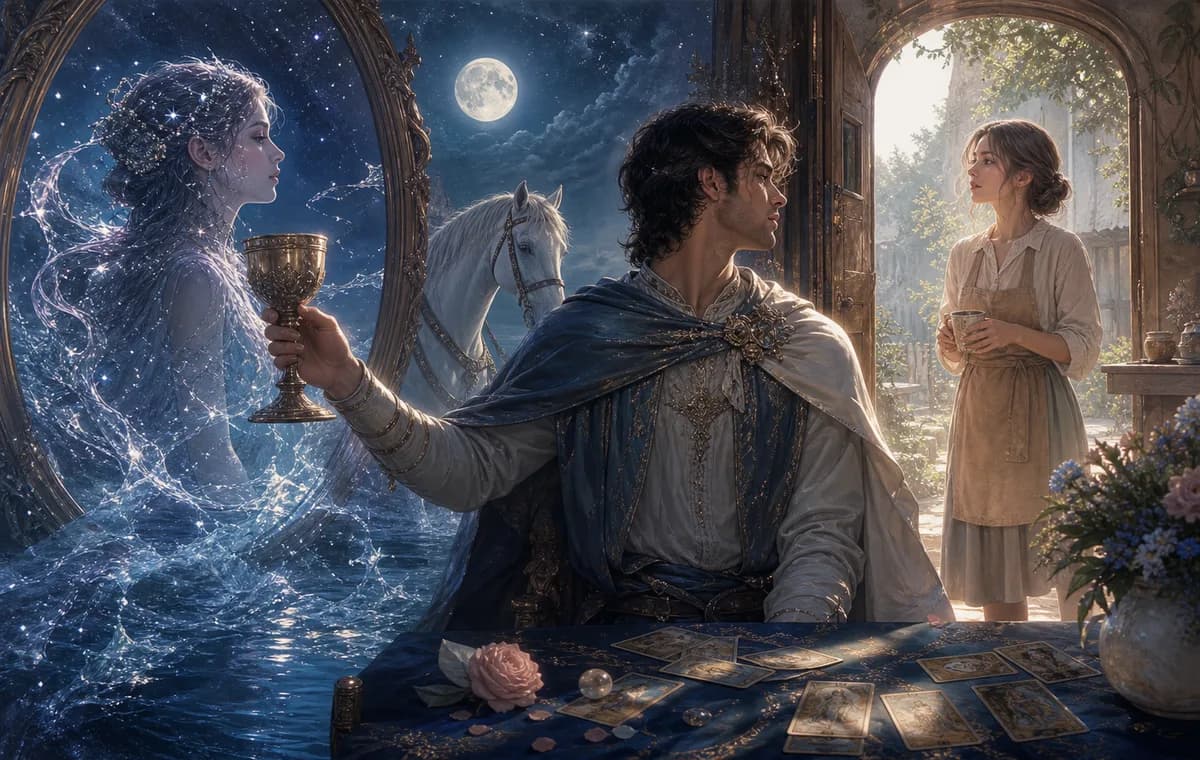 A Knight of Cups figure caught between a shimmering romantic projection and the real querent in ordinary light.
