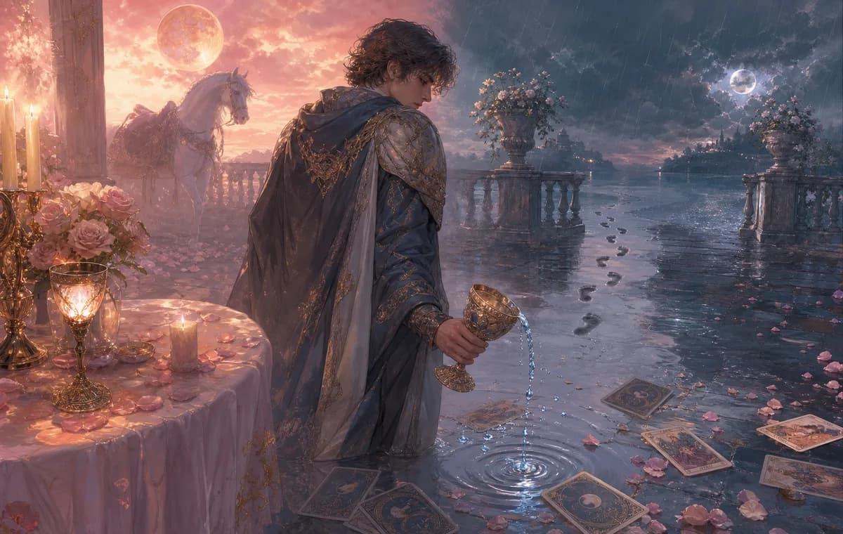 A Knight of Cups figure turning away with a tilted chalice, fading footprints, rain, tarot cards, and disturbed water.