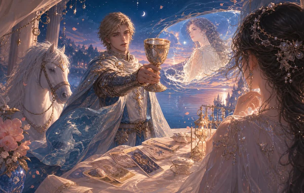 A Knight of Cups figure offering a chalice while an idealized reflection of the querent shimmers in moonlit water.