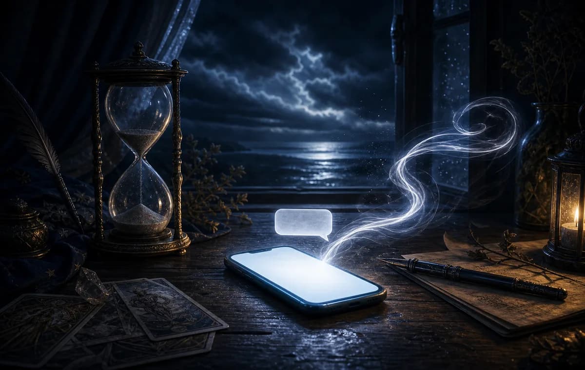 A blank glowing phone rests beside an hourglass as a silver ribbon of wind curls back toward the screen.