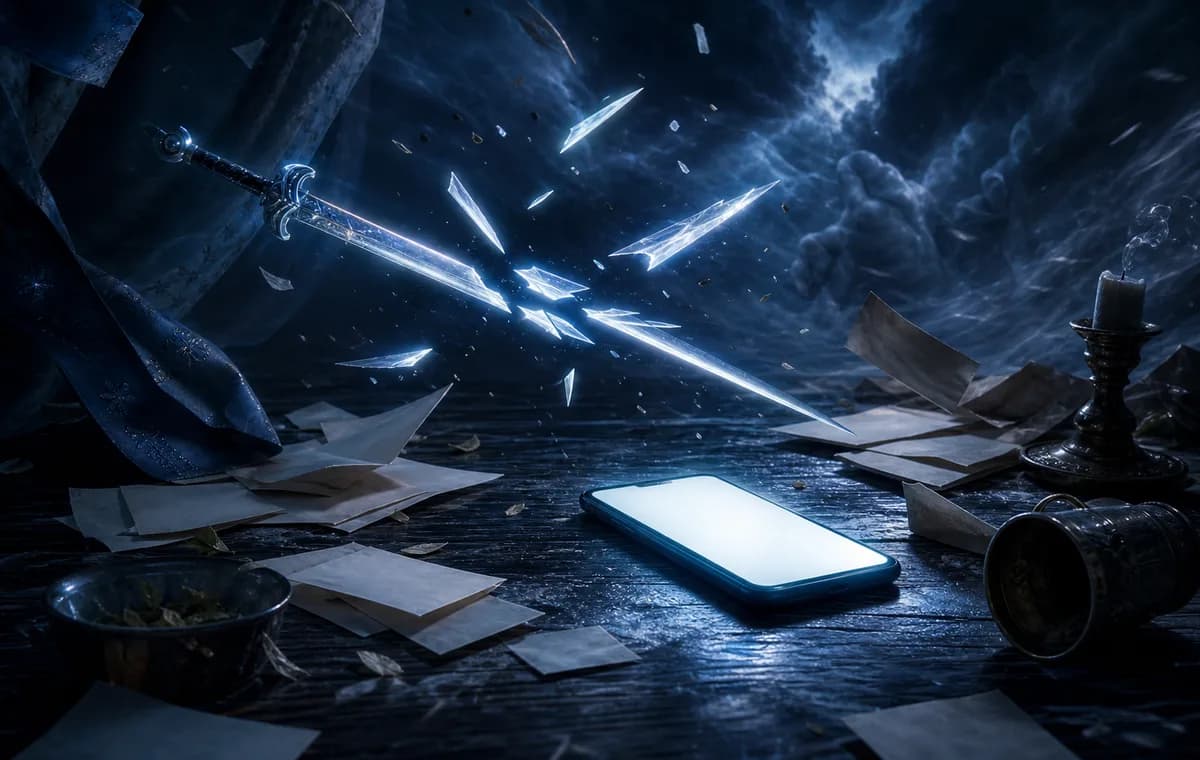 A glowing phone sits among scattered blank papers while broken sword-light points in several directions.