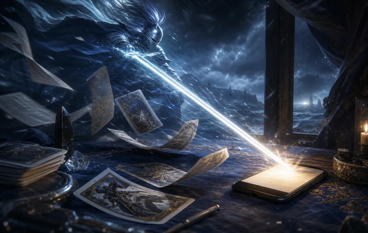 A silver sword-like beam cuts through storm clouds toward a glowing phone on a wind-blown tarot table.