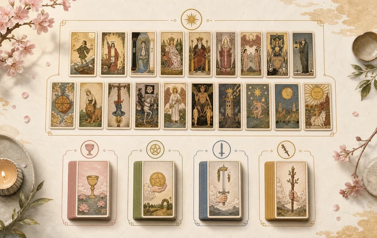 A tarot deck structure diagram showing the Major Arcana and four Minor Arcana suits.