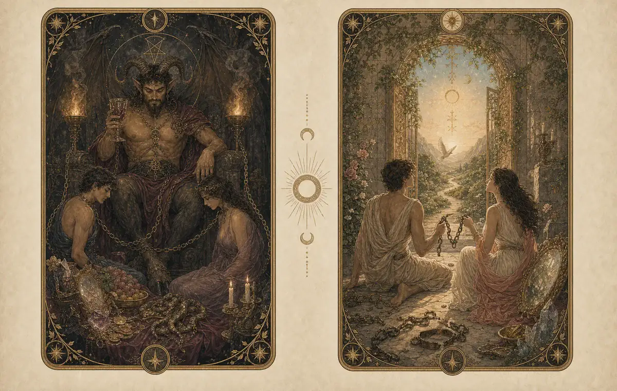 惡魔正逆位對照:仍然真實存在的執著,與開始把鎖鏈解下的瞬間。
