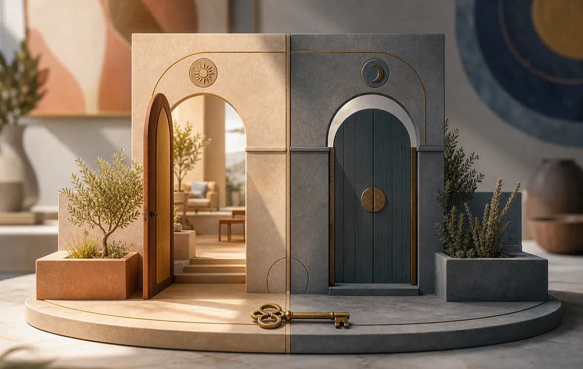 A small architectural model shows one open doorway in warm light and one closed gate in cool shadow.