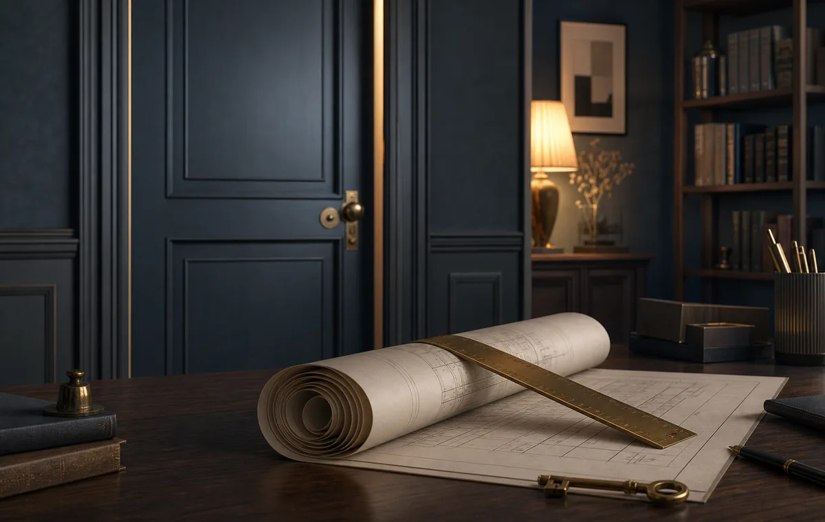 A tidy dusk office with a closed blue door, tightly rolled plans, a brass ruler, and a key out of reach.