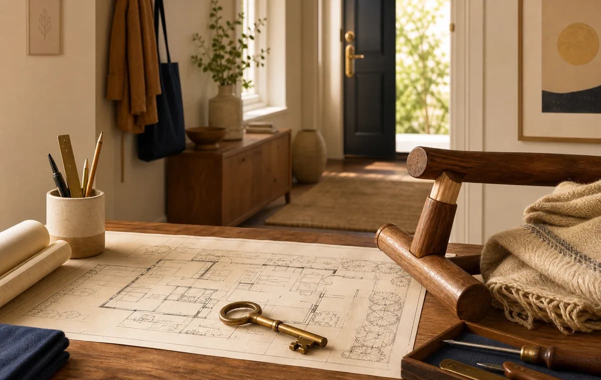 A sunlit entryway table with home plans, a brass key, a folded blanket, and a repaired chair leg.