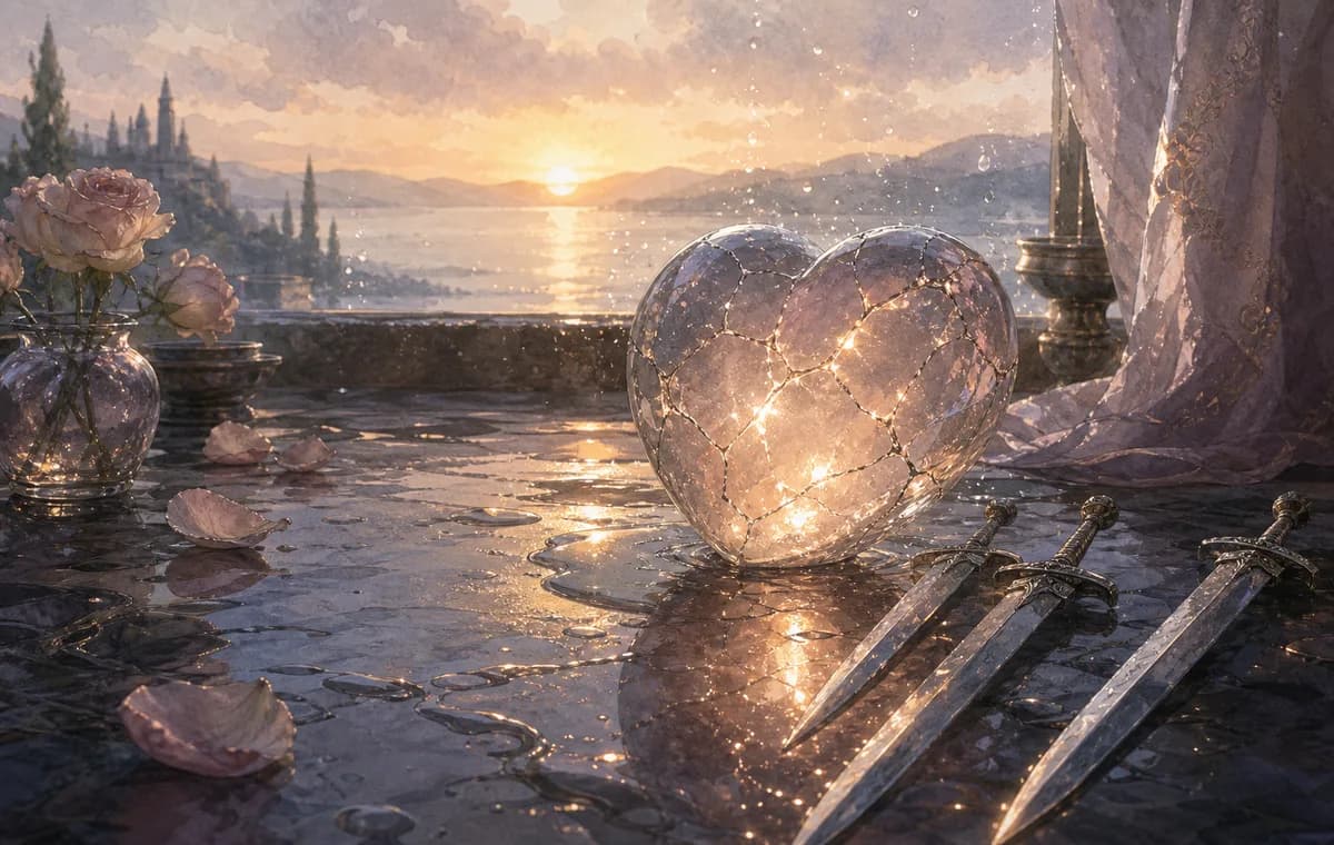 A cracked crystal heart glows at dawn beside three silver swords on a rain-washed tarot table.