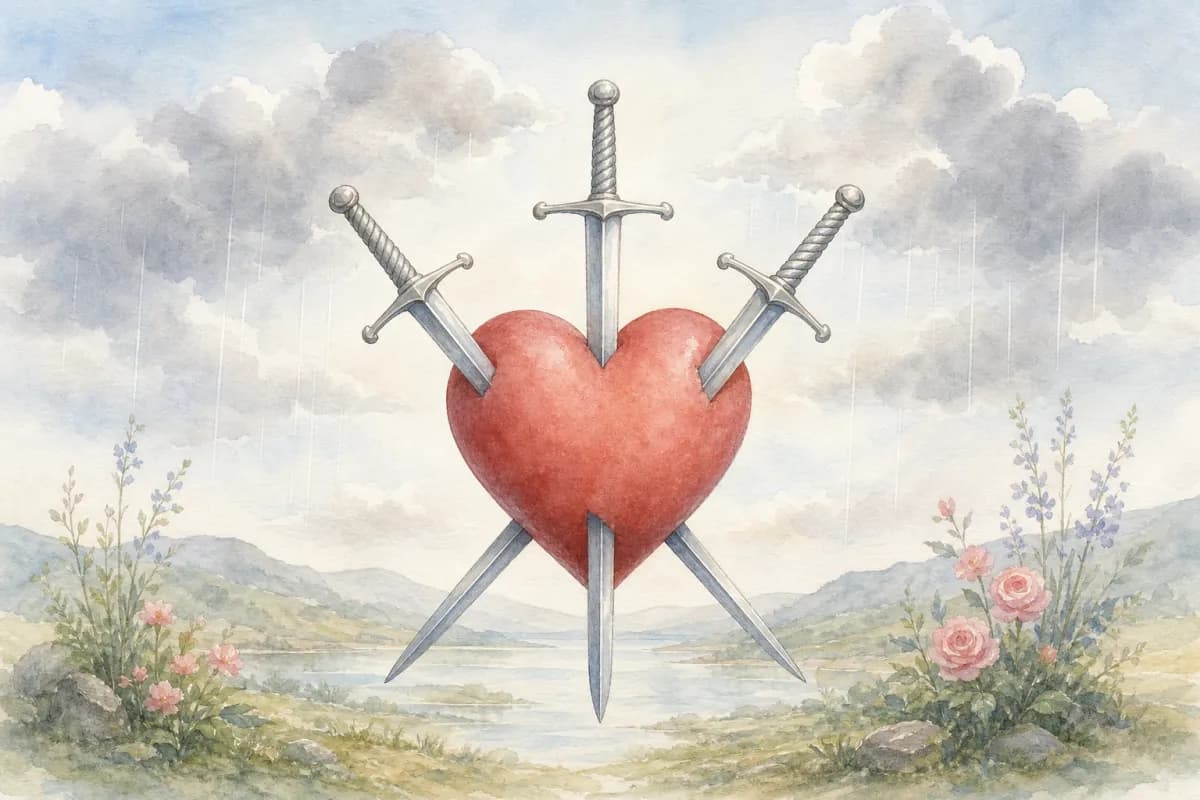 Watercolor study of the Three of Swords' key symbols: an upright red heart, three silver swords in an ordered arrangement piercing it, and pale storm clouds with falling rain