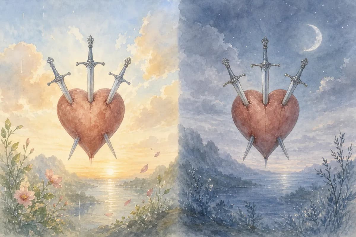 Two-panel watercolor of the Three of Swords: the left in bright clearing dawn, the right in cooler dim twilight, both showing the pierced heart and three swords