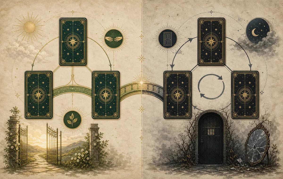 A symbolic tarot comparison showing aligned return paths on one side and a closed door with a looped cycle on the other.