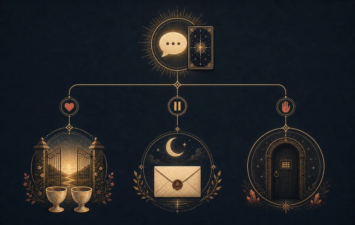 A symbolic decision tree with a message bubble branching toward an open gate, a sealed envelope, and a closed boundary door.