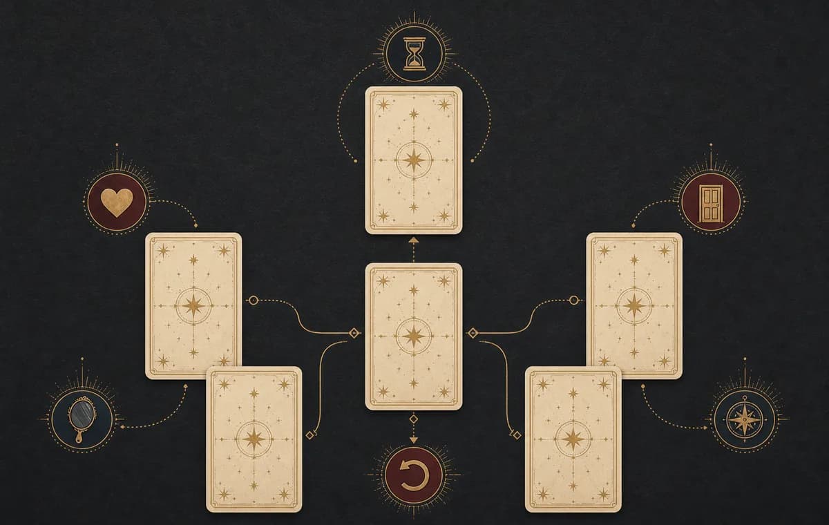 A six-card ex reconciliation tarot spread diagram connected by gold lines with heart, door, mirror, hourglass, and compass symbols.